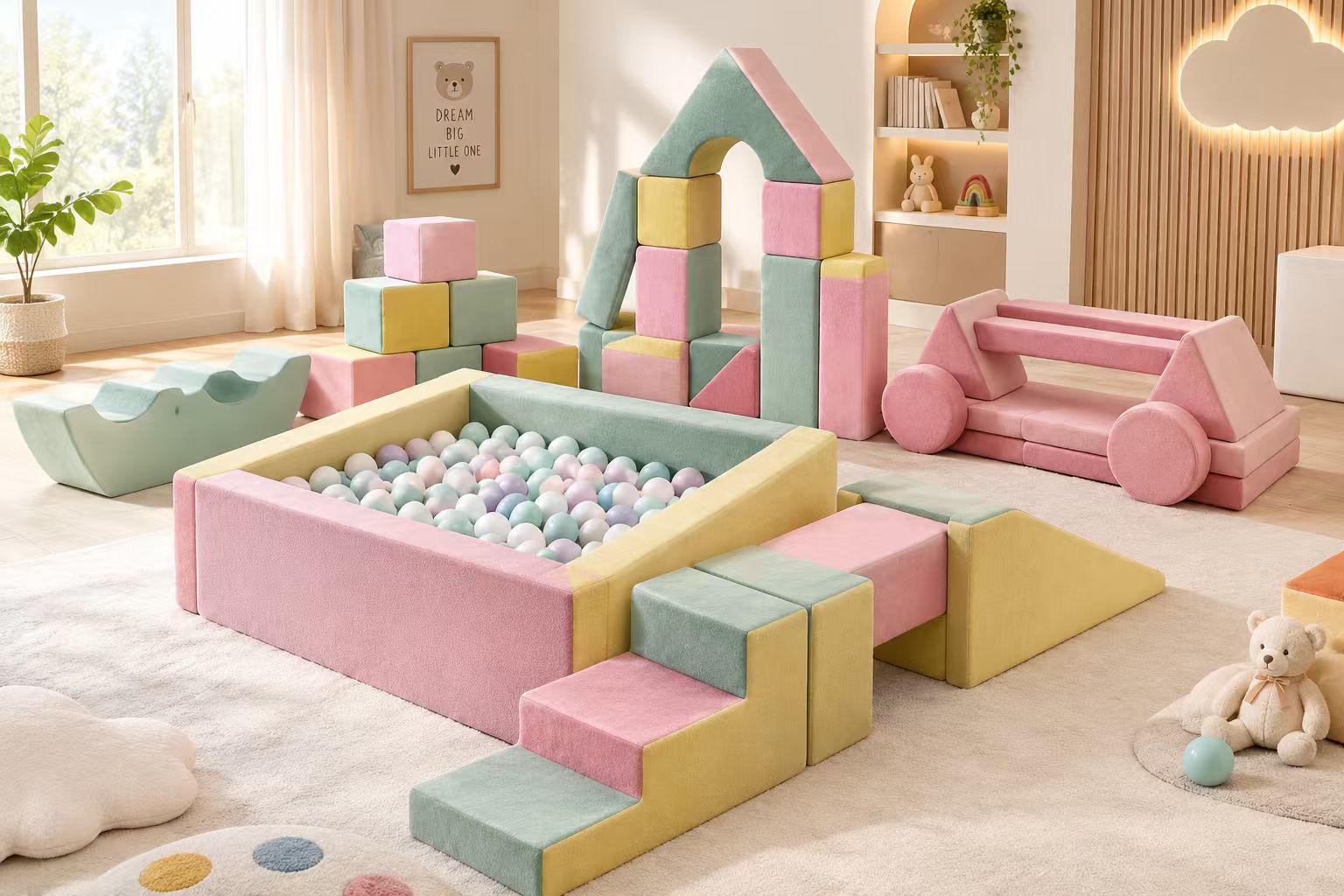 Kids' modular soft sofa in a playroom setting